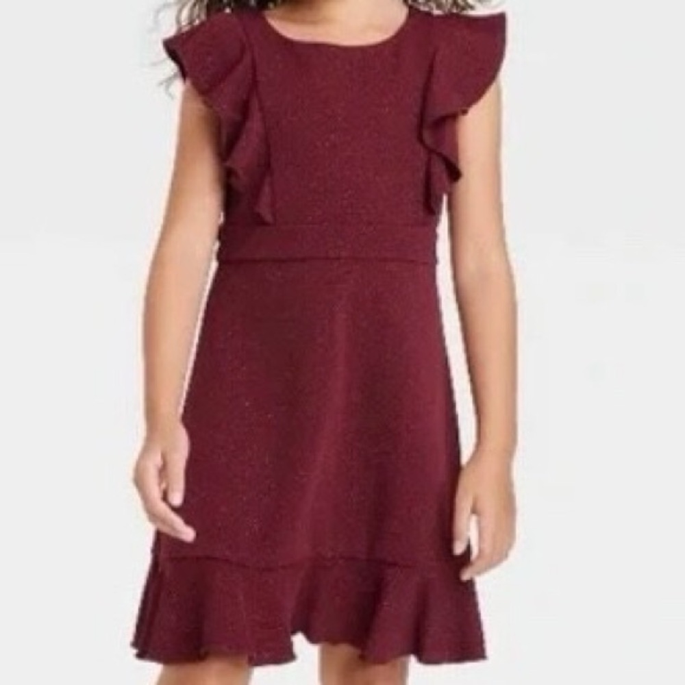 Zenzi Girls Burgundy Sparkle Ruffle Sleeve Dress Size 7/8
